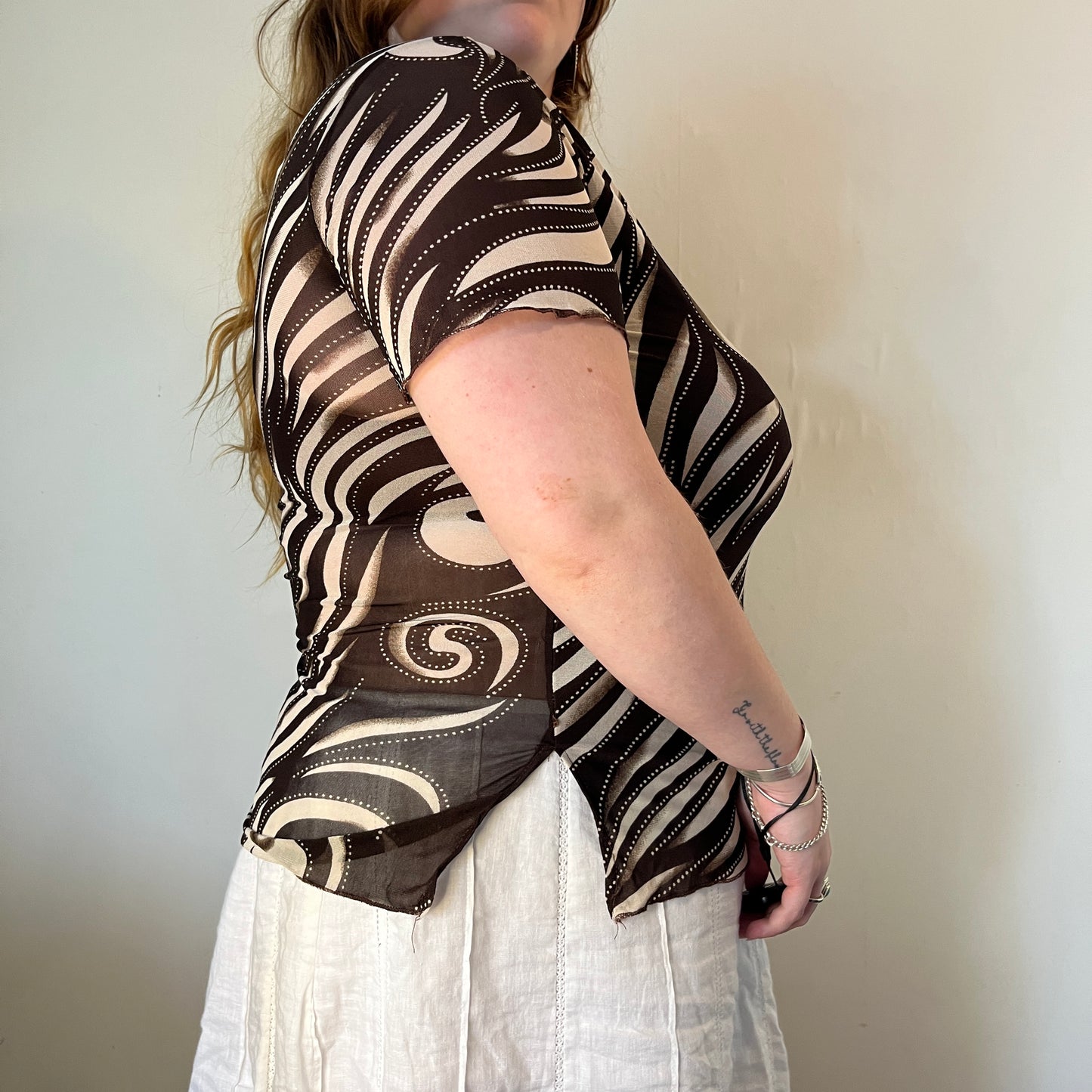Vintage brown swirl mesh top - UK 24
