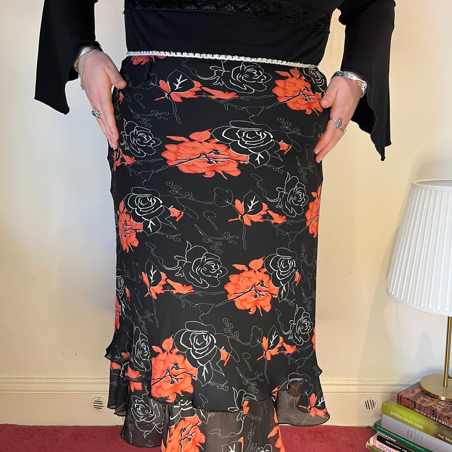 Vintage red and black floral chiffon midi skirt - UK 22