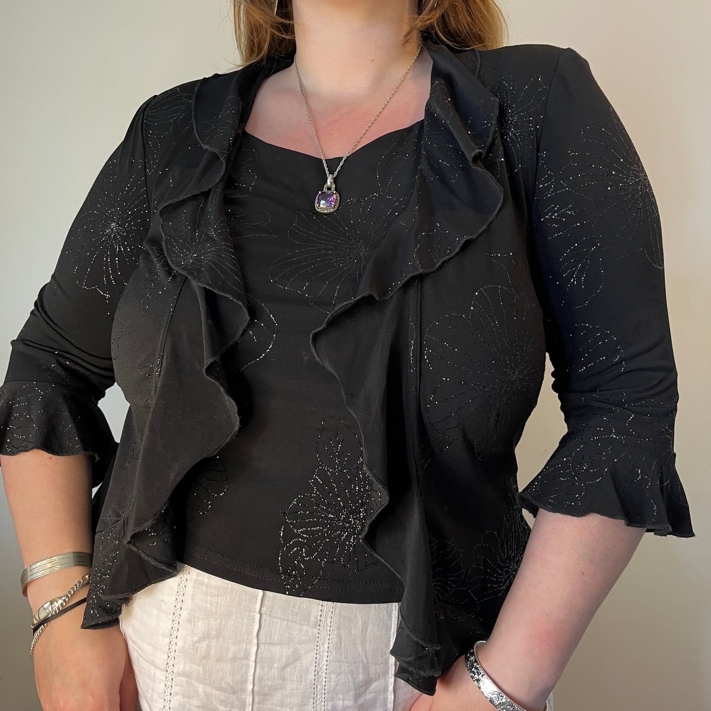 Vintage black ruffle cardigan blouse - UK 20