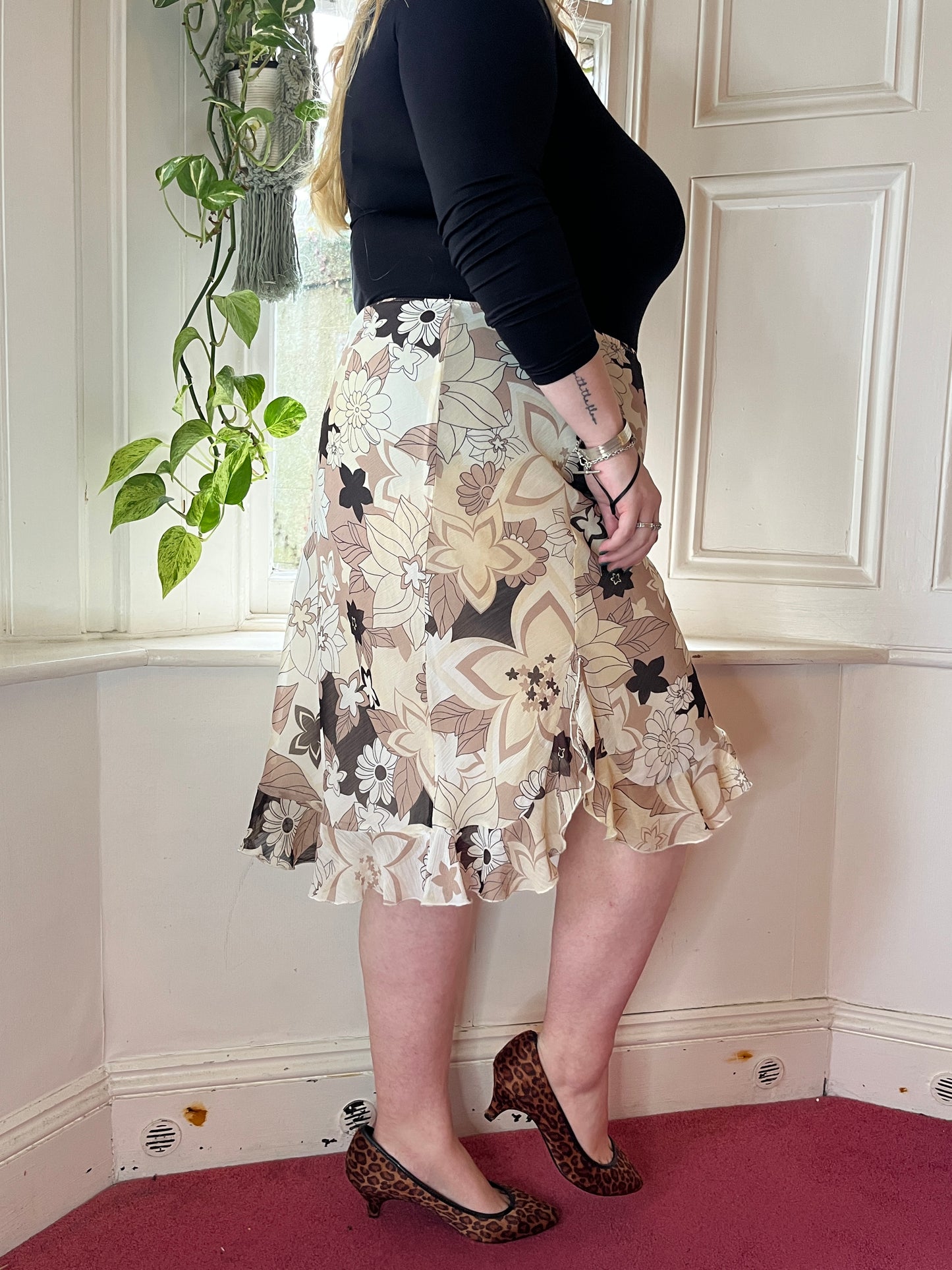 Vintage Brown Floral Mesh Midi Skirt - UK 18