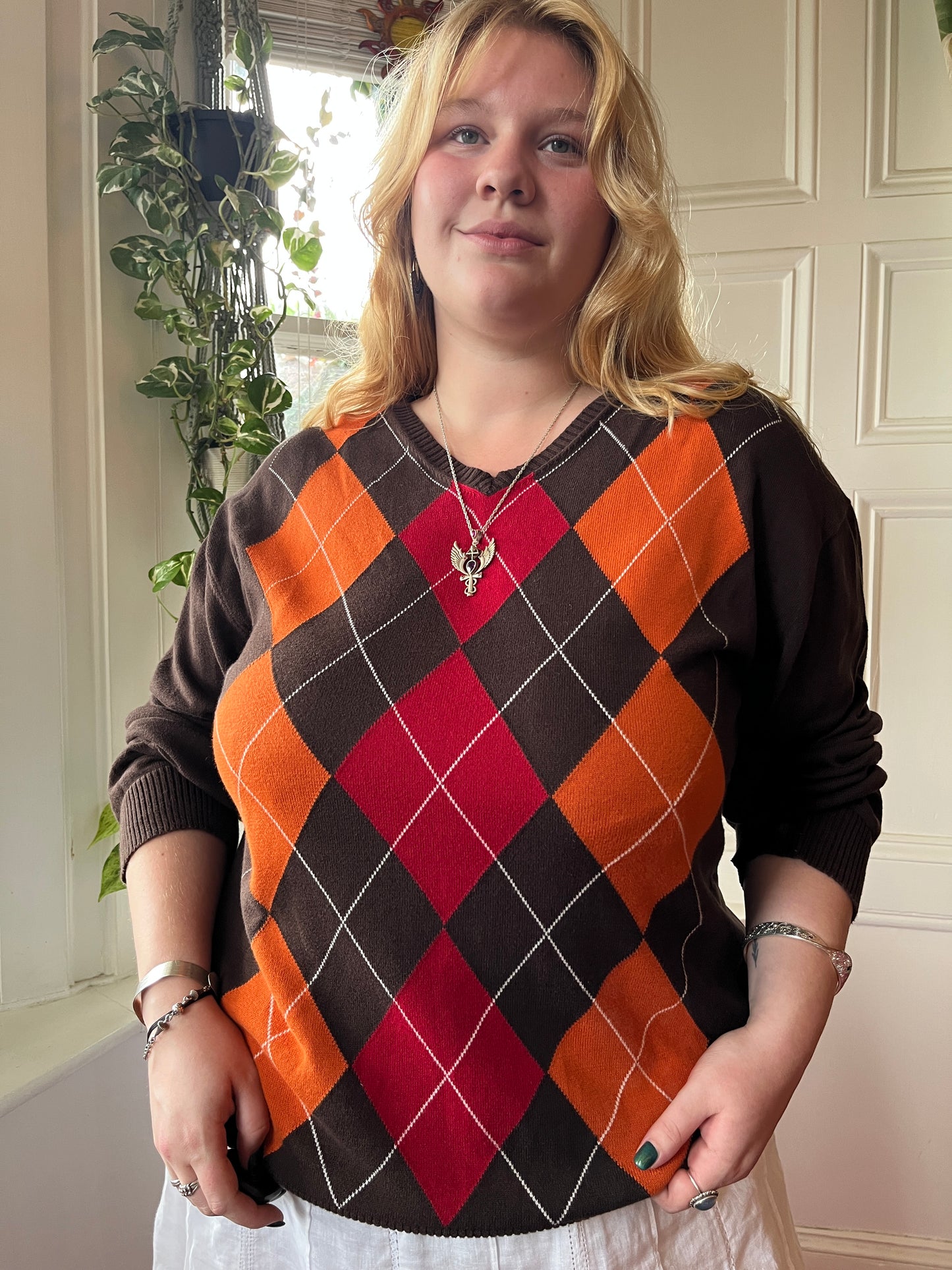 Vintage Red and Orange Argyle Jumper - UK 24