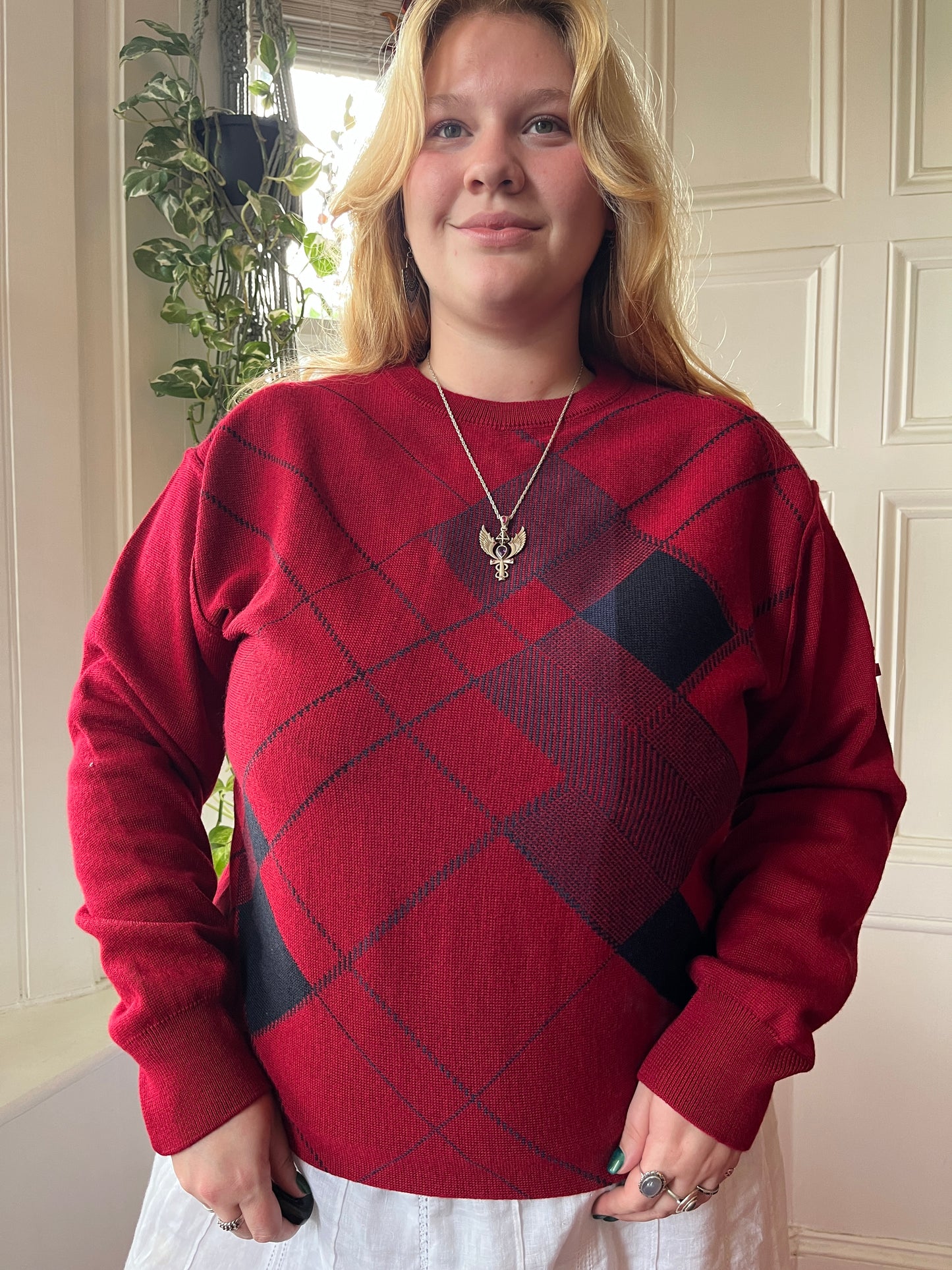 Vintage Red Argyle Jumper - UK 20