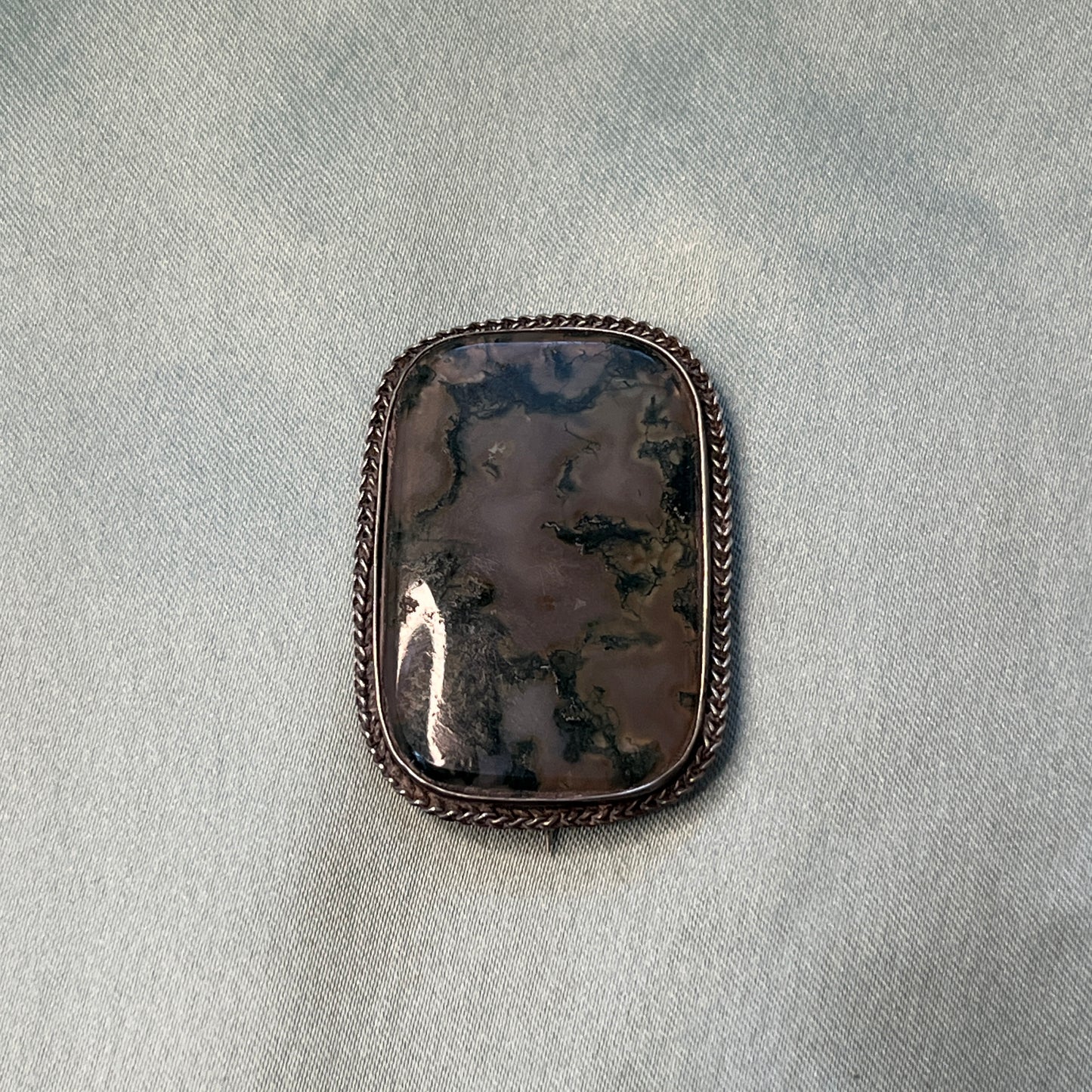 Victorian Silver Moss Agate Rectangle Brooch