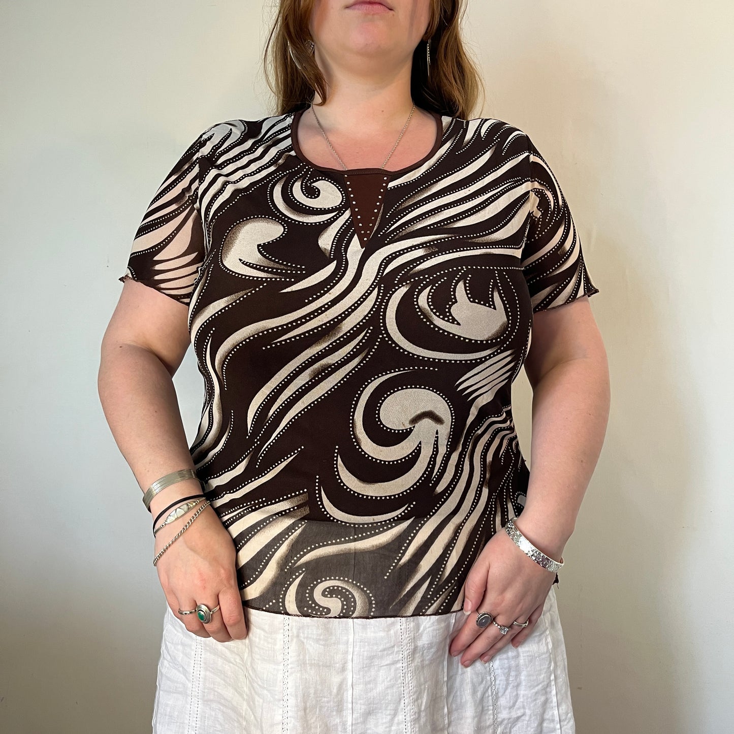 Vintage brown swirl mesh top - UK 24