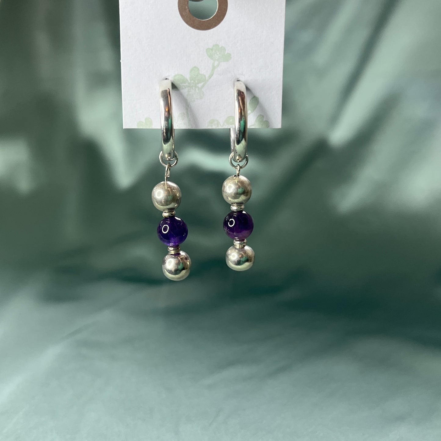 Silver Chunky Hoop Earrings With Silver and Amethyst Beads
