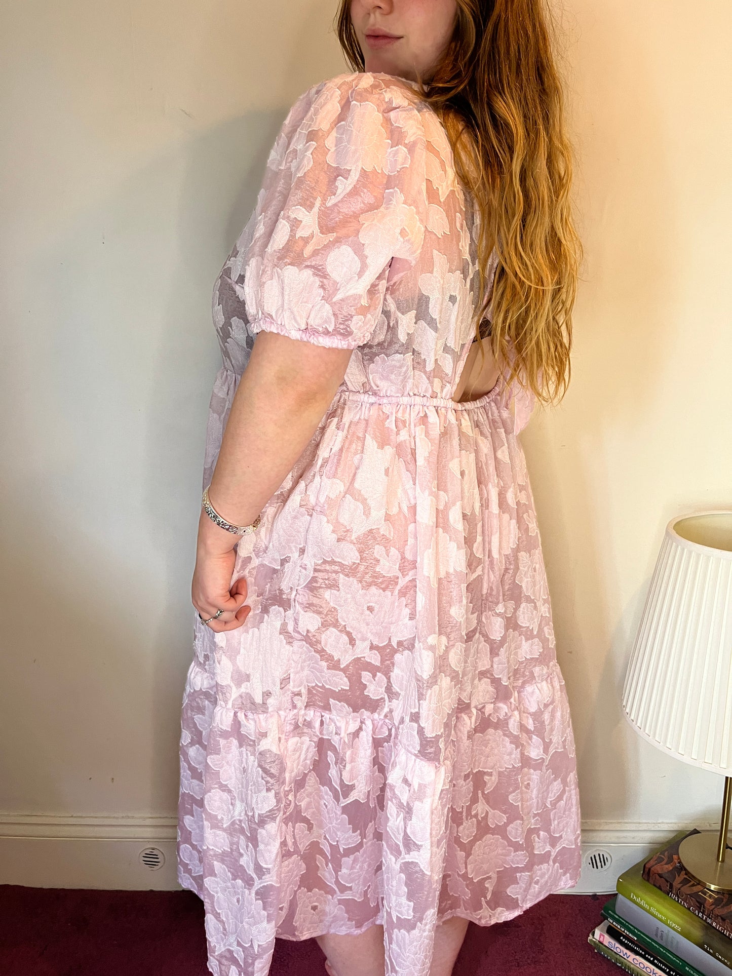 Pink Sheer Puff-Sleeve Floral Dress – UK 26