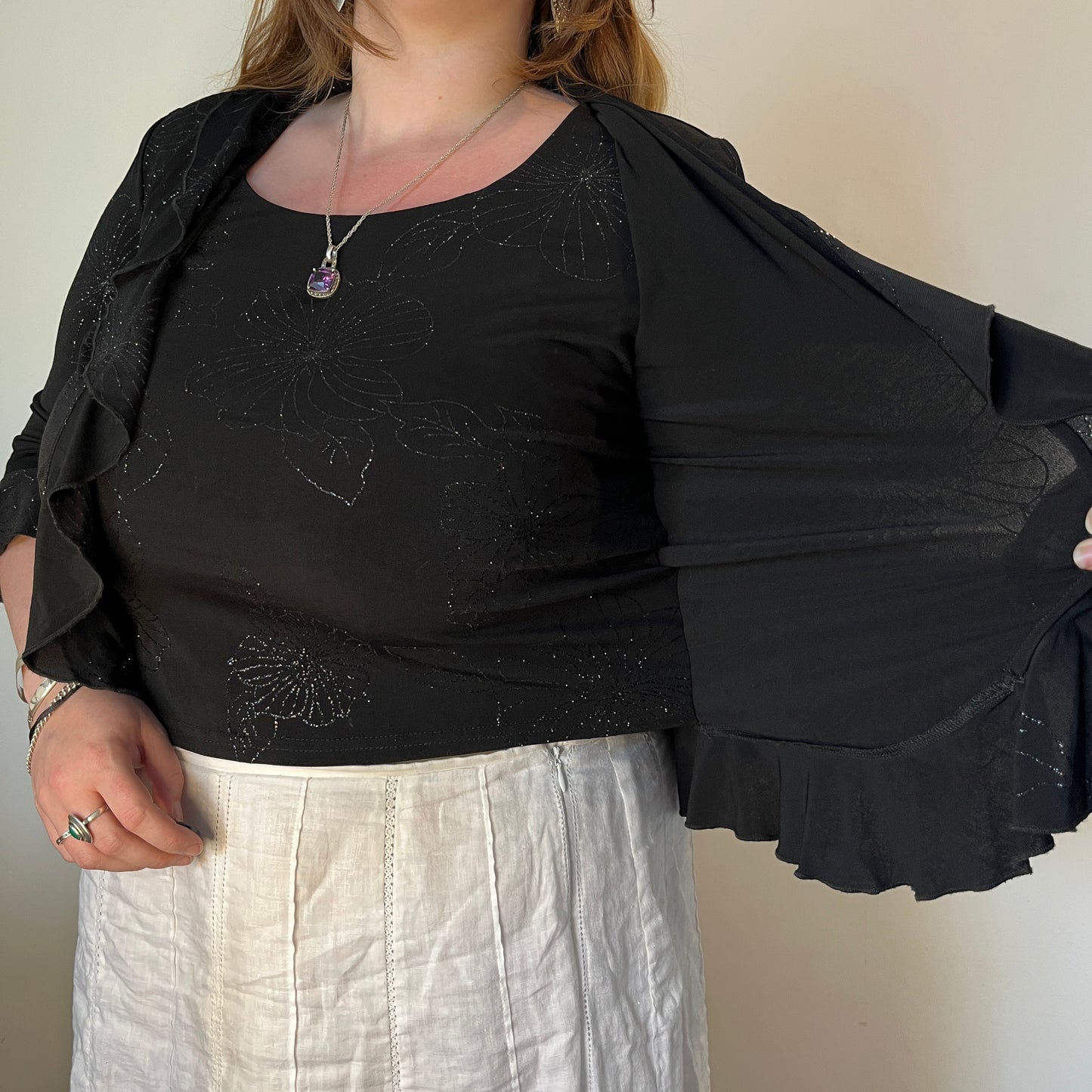 Vintage black ruffle cardigan blouse - UK 20