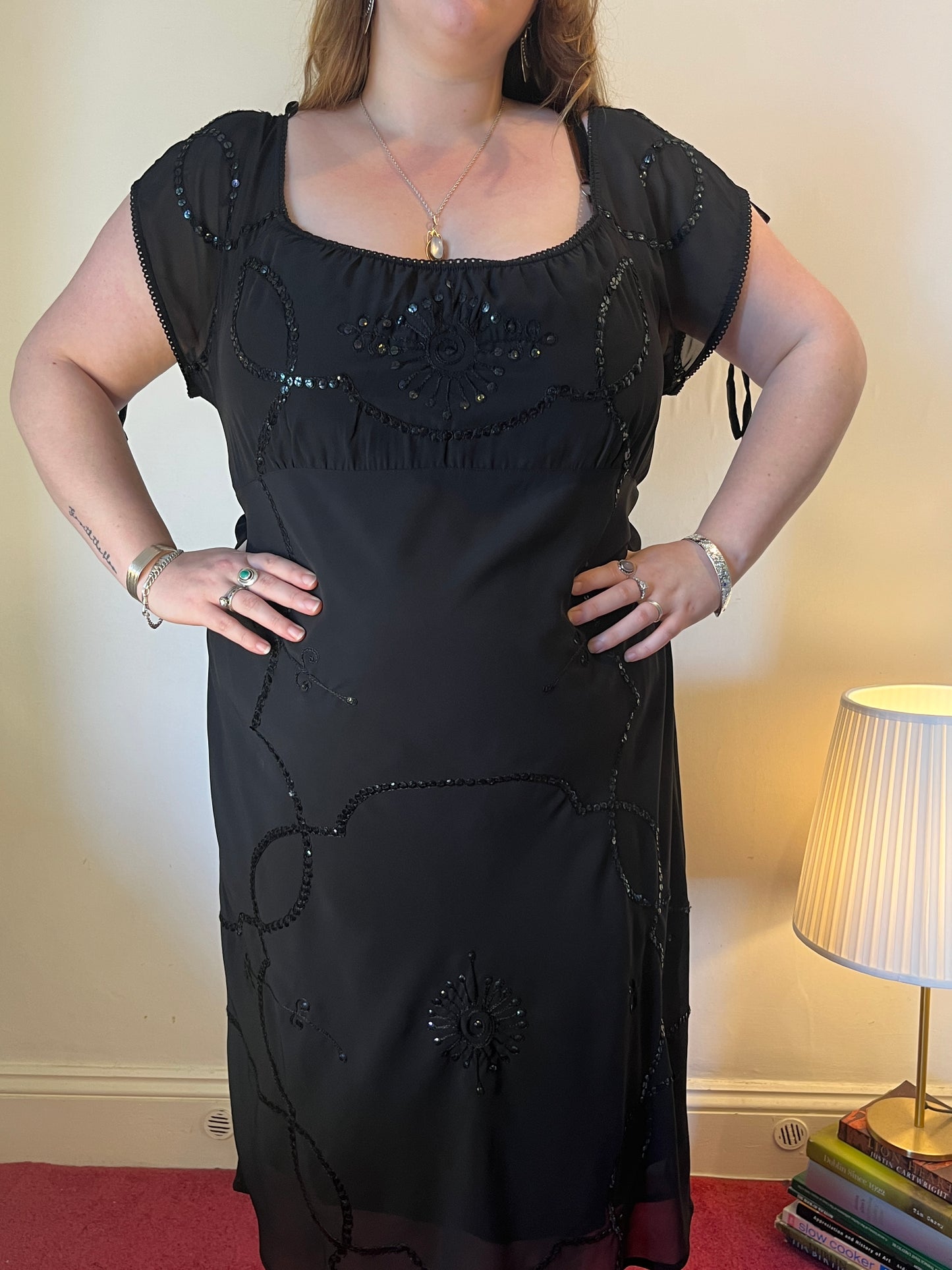 Vintage black sequin milkmaid dress - UK 26