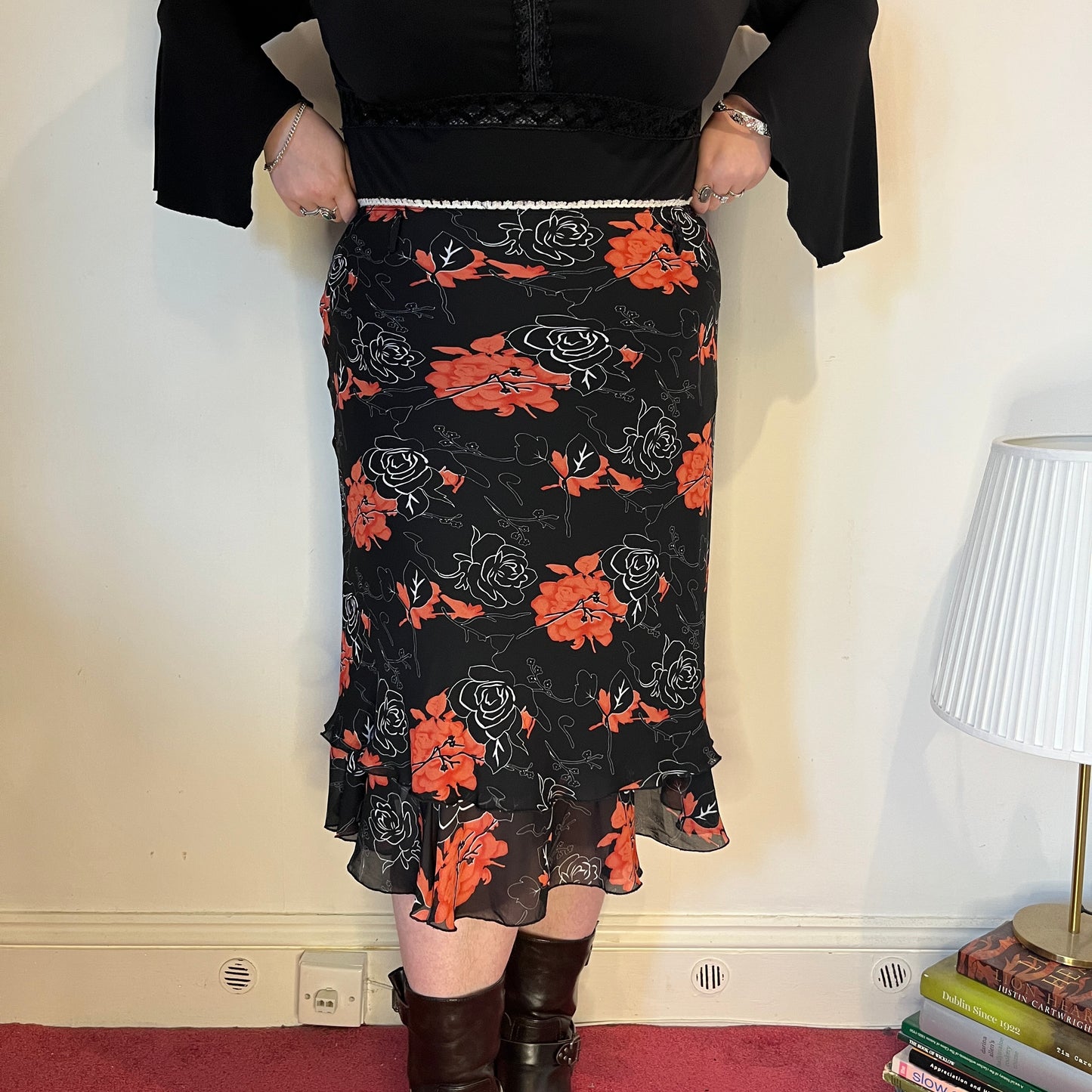 Vintage red and black floral chiffon midi skirt - UK 22