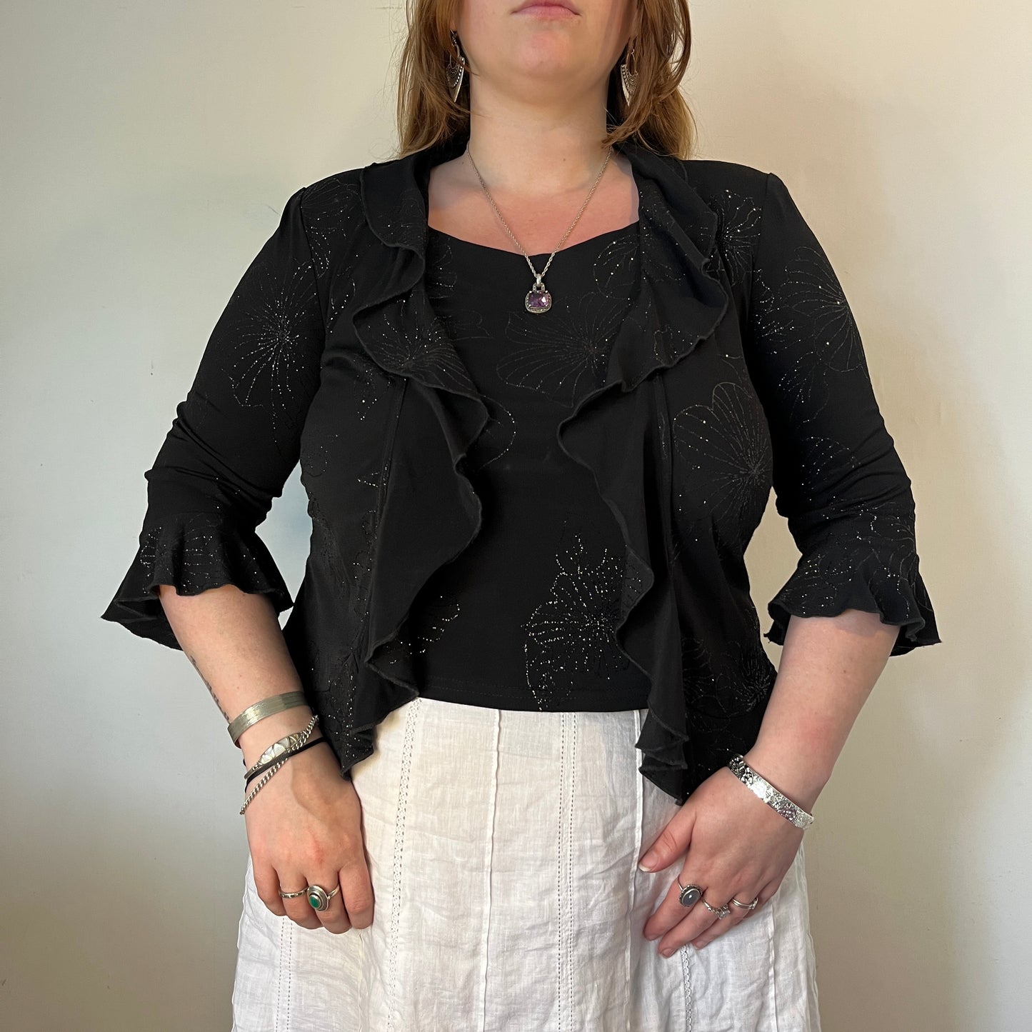 Vintage black ruffle cardigan blouse - UK 20