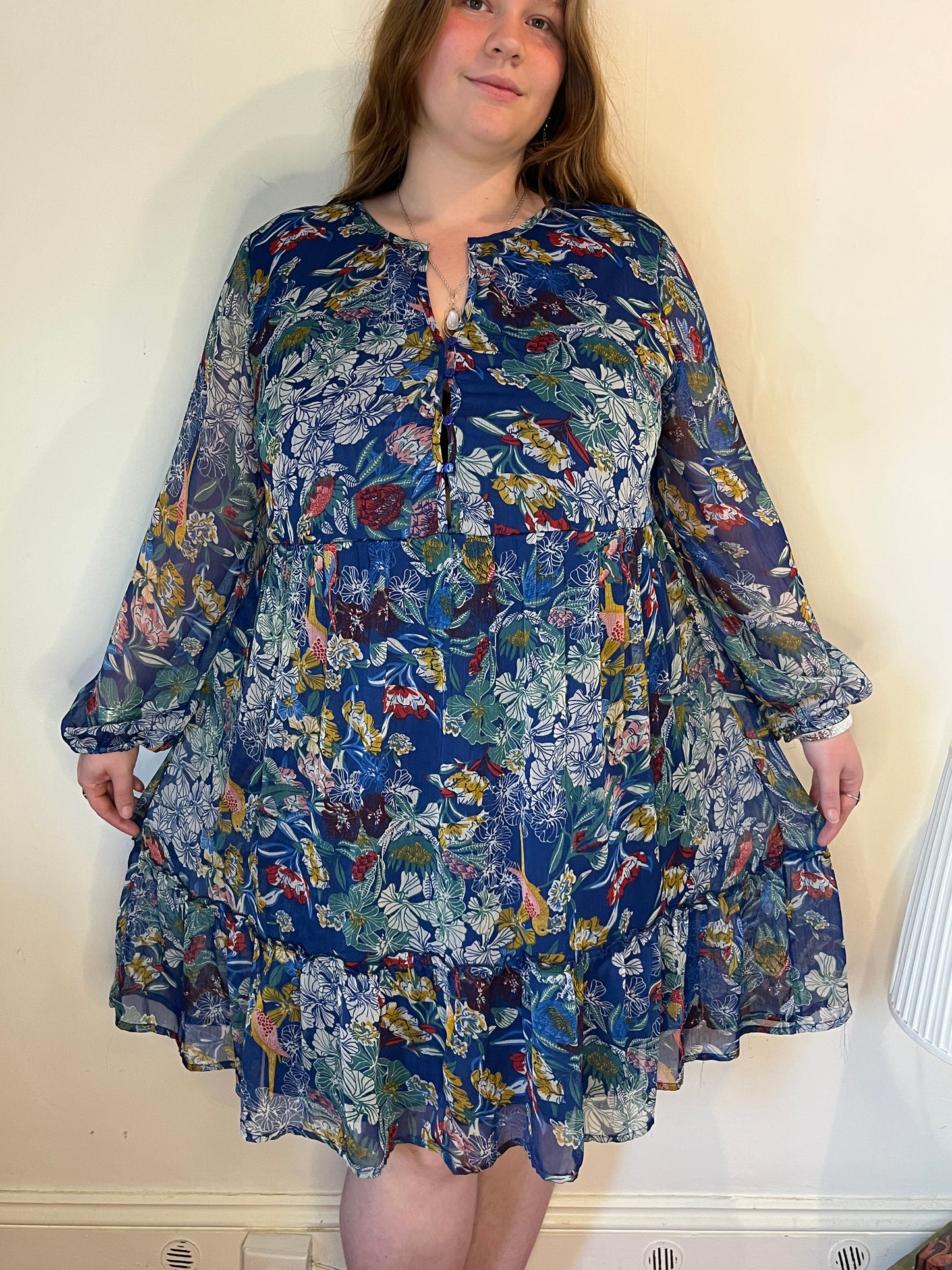 Blue floral button up midi dress - UK 22