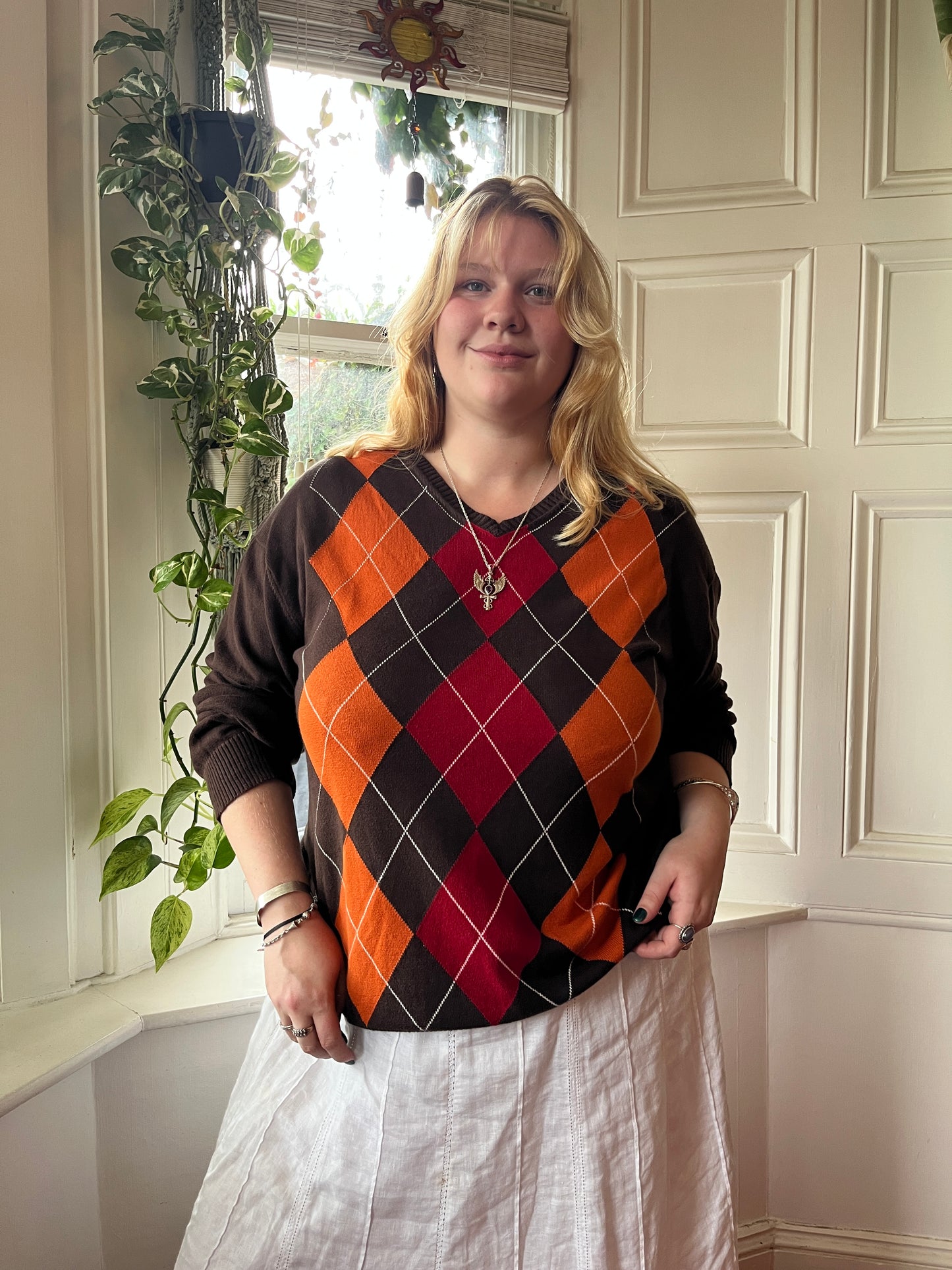 Vintage Red and Orange Argyle Jumper - UK 24