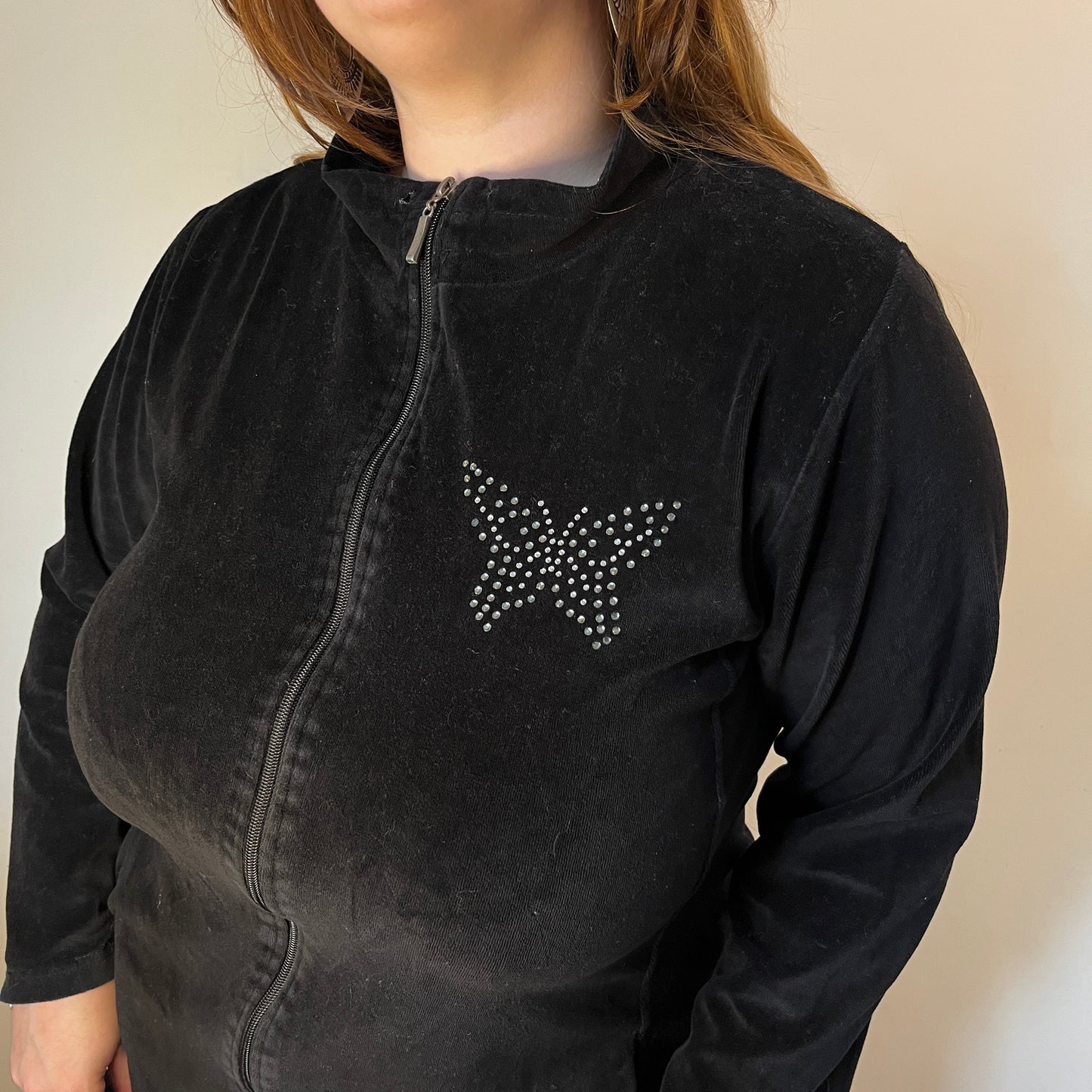 Vintage Black Velour Butterfly Zip-Up - UK 22