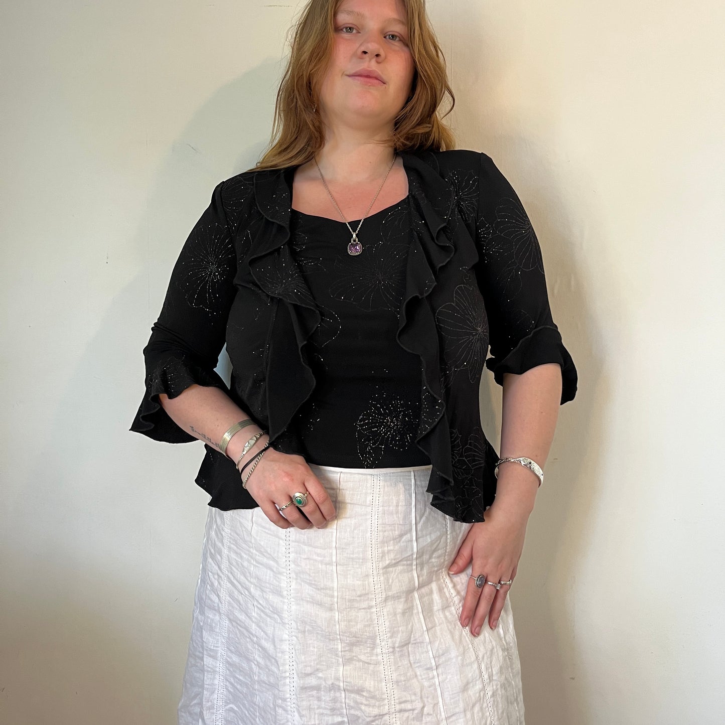 Vintage black ruffle cardigan blouse - UK 20
