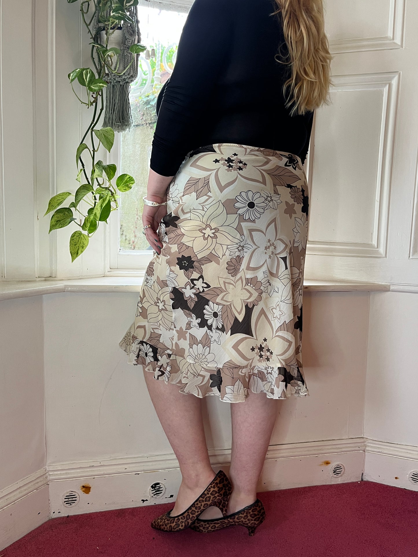 Vintage Brown Floral Mesh Midi Skirt - UK 18