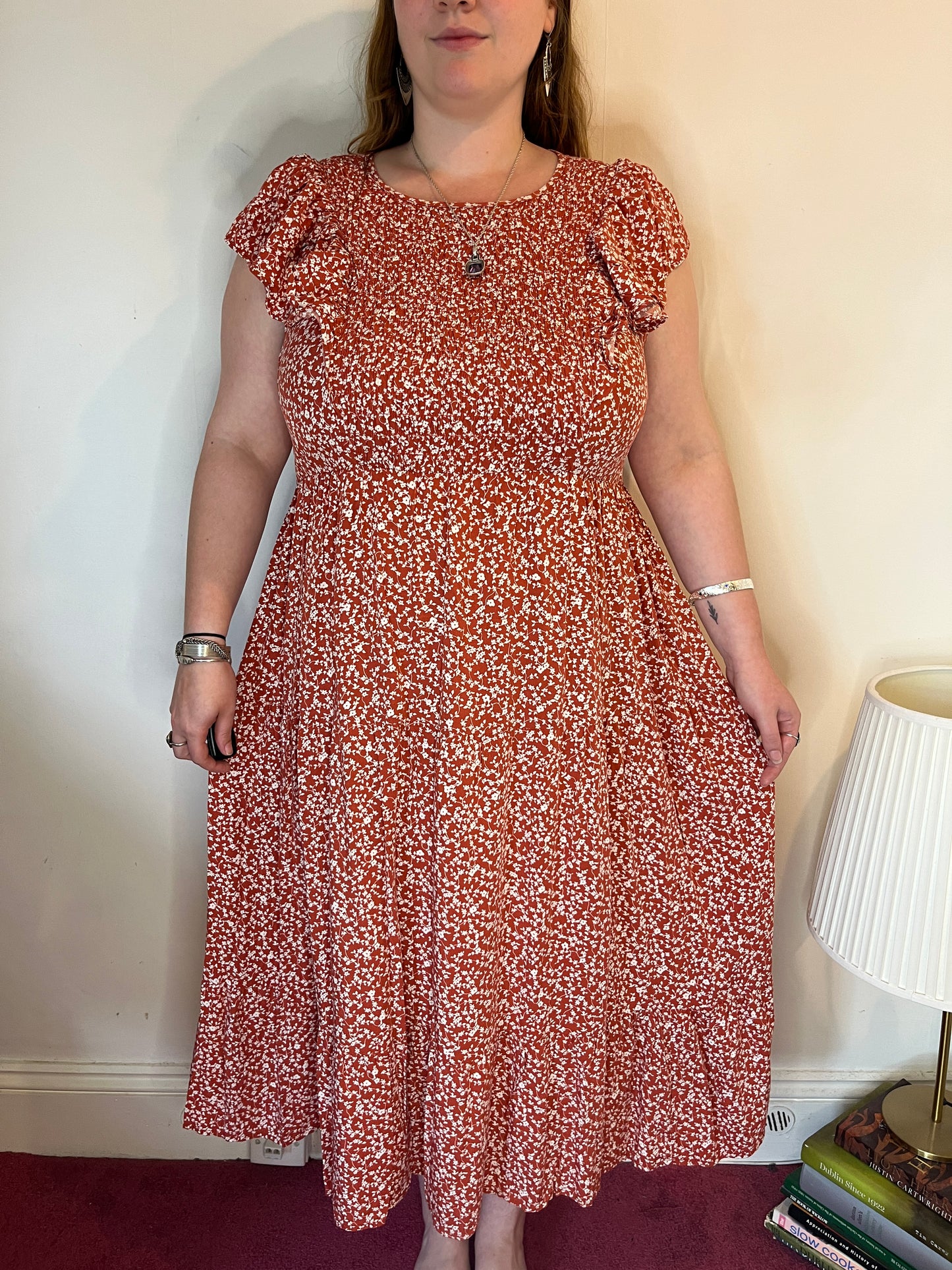 Rust Floral Ruffle Midi Dress – UK 20