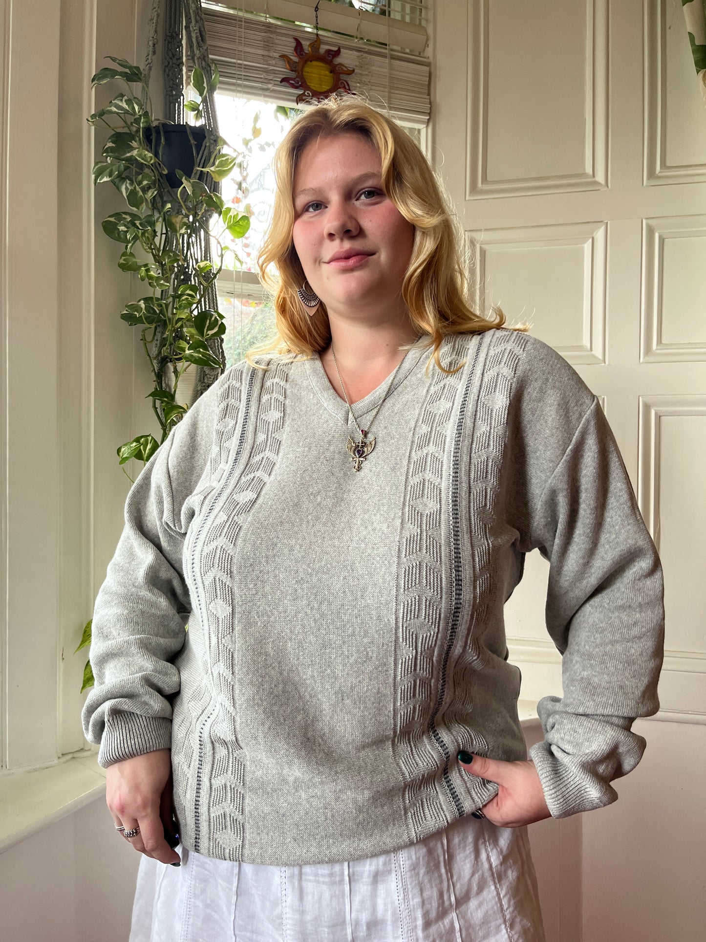 Vintage Grey Cable Knit Jumper - UK 24