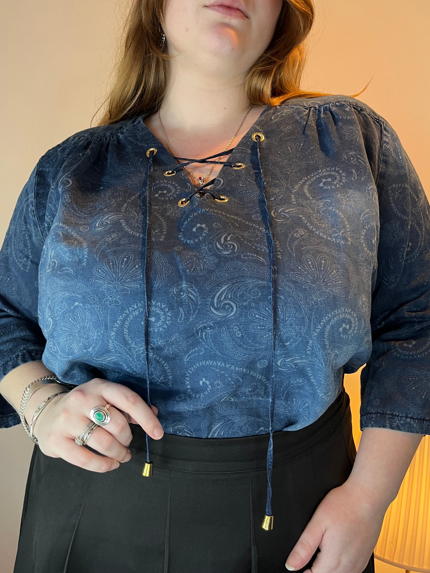 Vintage 90s denim Paisley lace up blouse 🦋