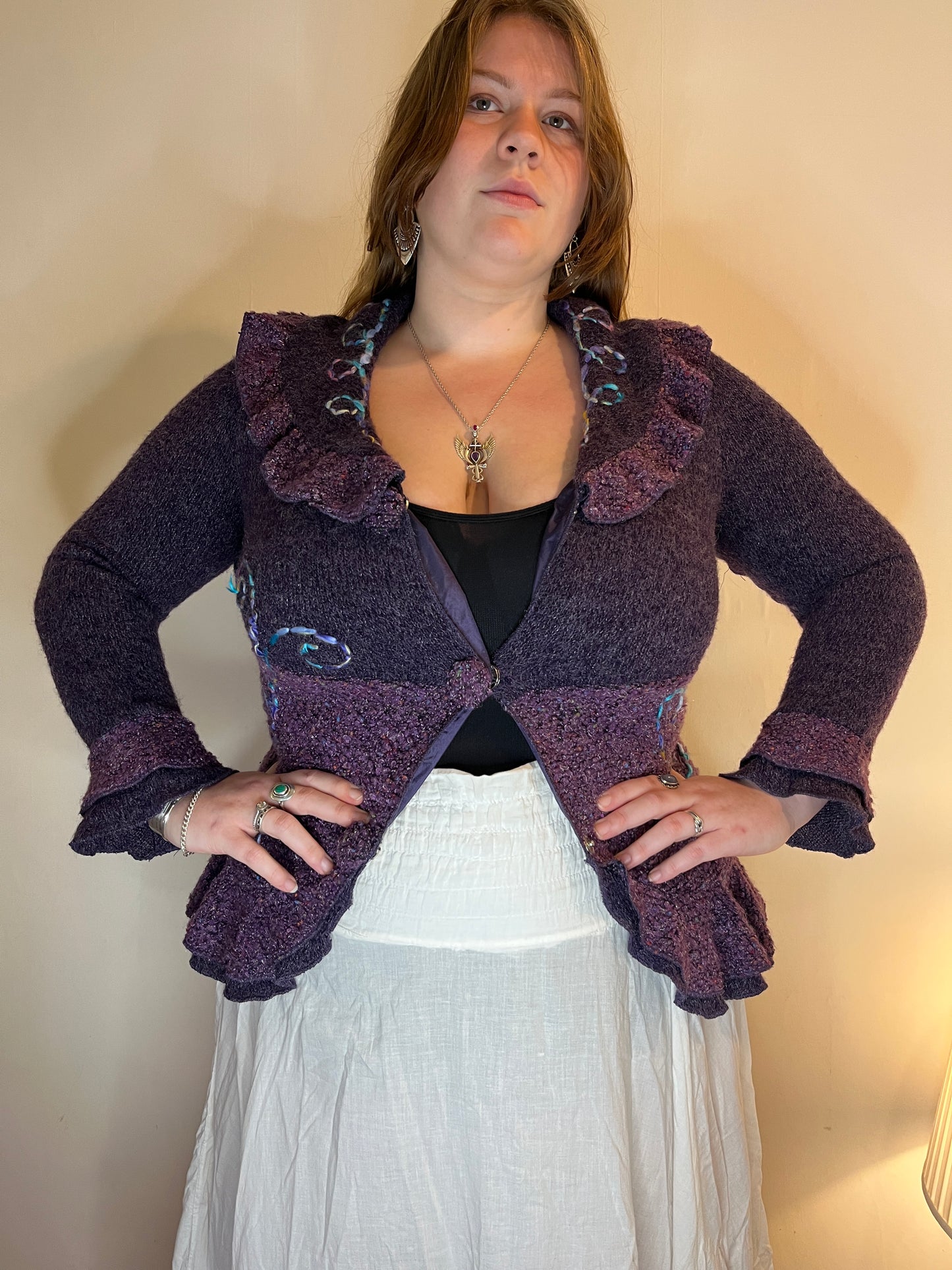 Vintage purple ruffled knit cardigan
