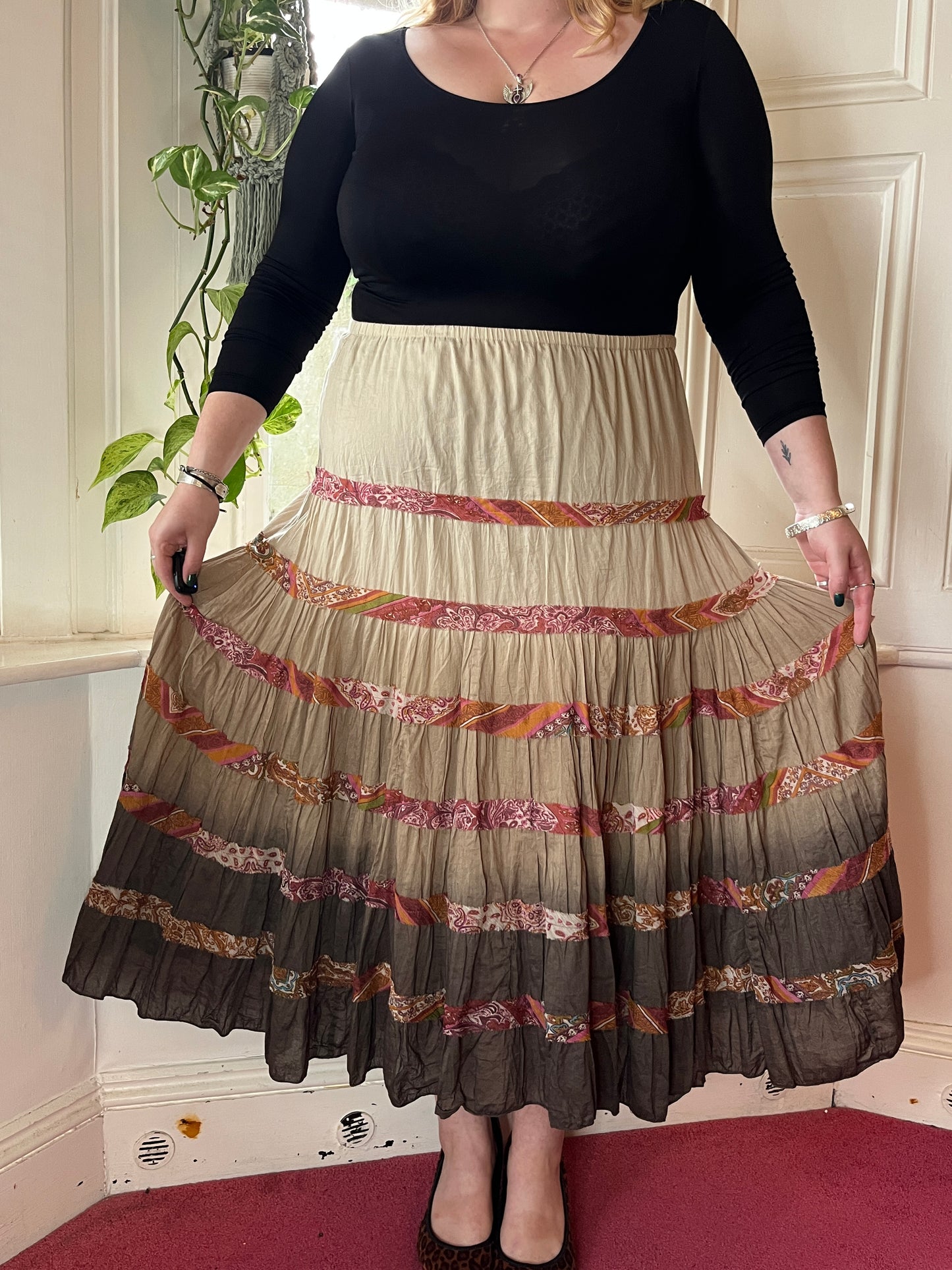 Vintage Brown Tiered Maxi Skirt - UK 24