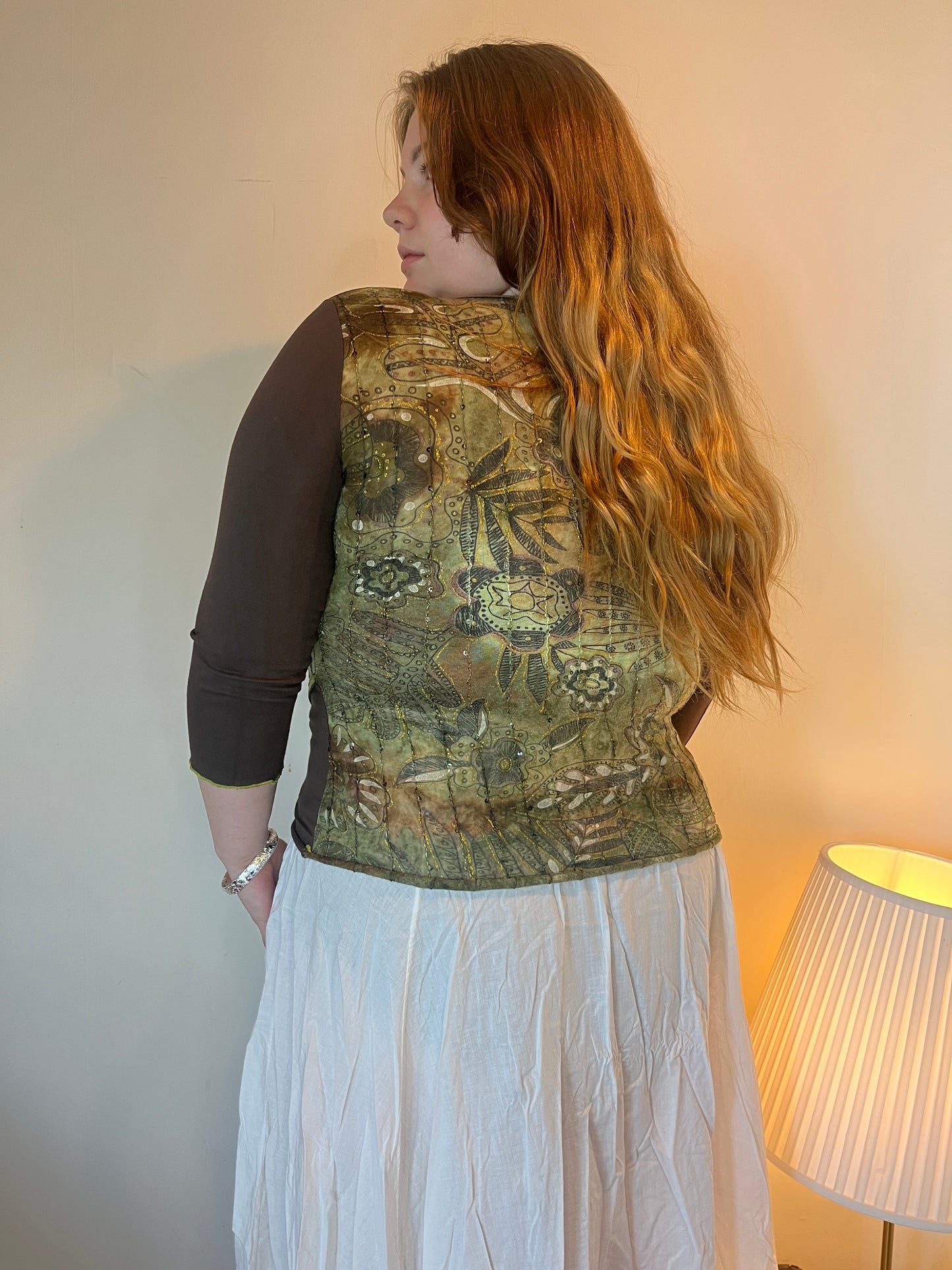 Vintage green and brown patterned long sleeve top