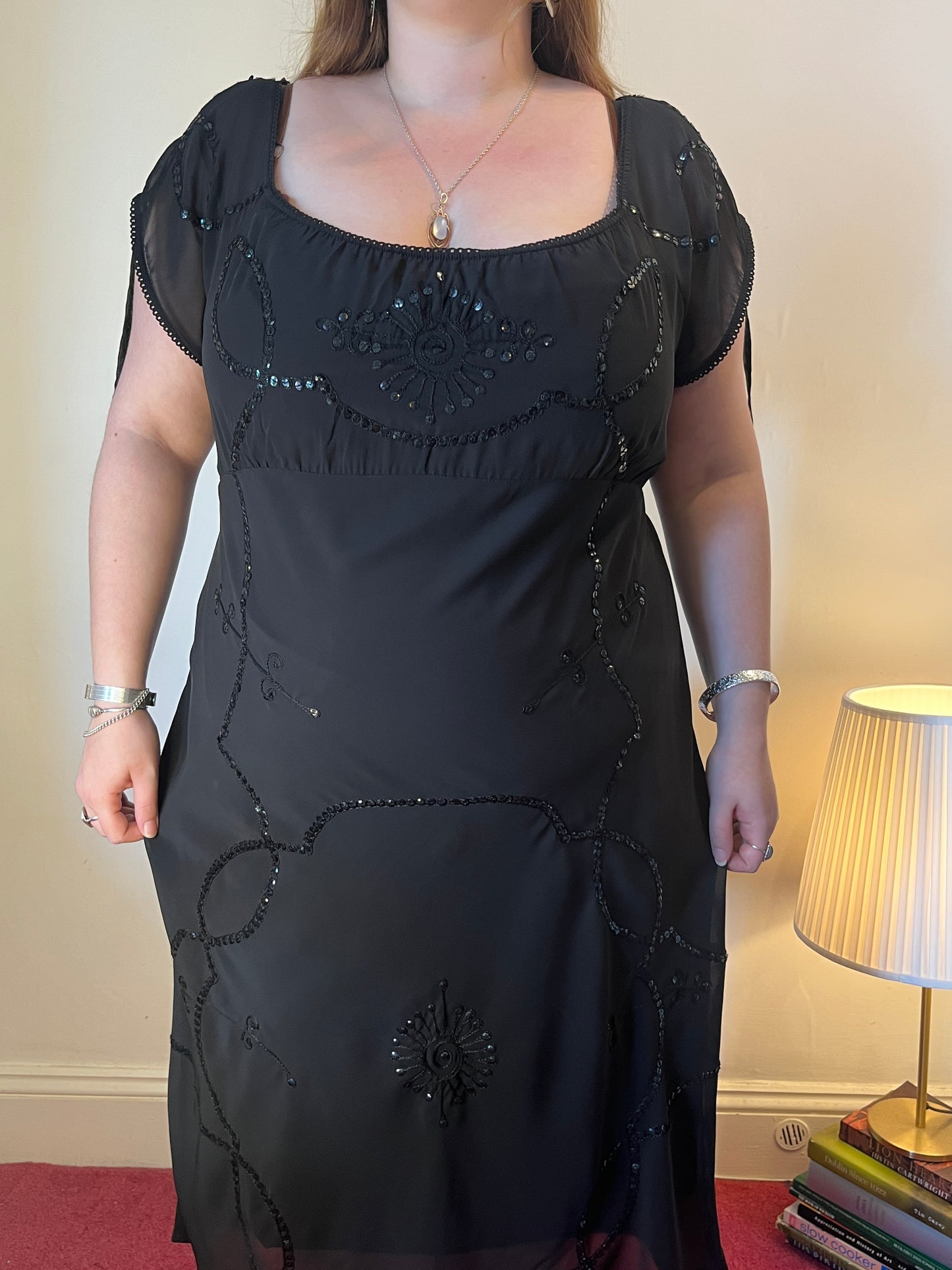 Vintage black sequin milkmaid dress - UK 26