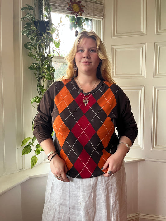 Vintage Red and Orange Argyle Jumper - UK 24