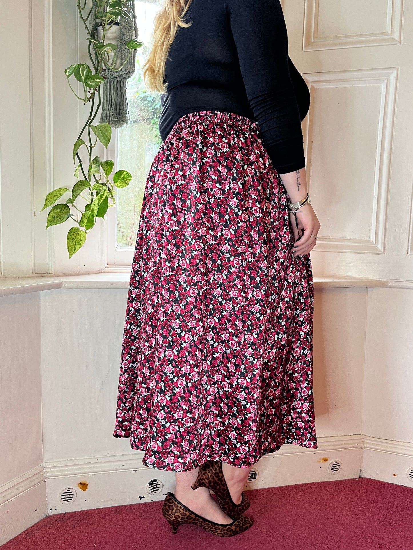 Vintage Red Floral Maxi Skirt - UK 26