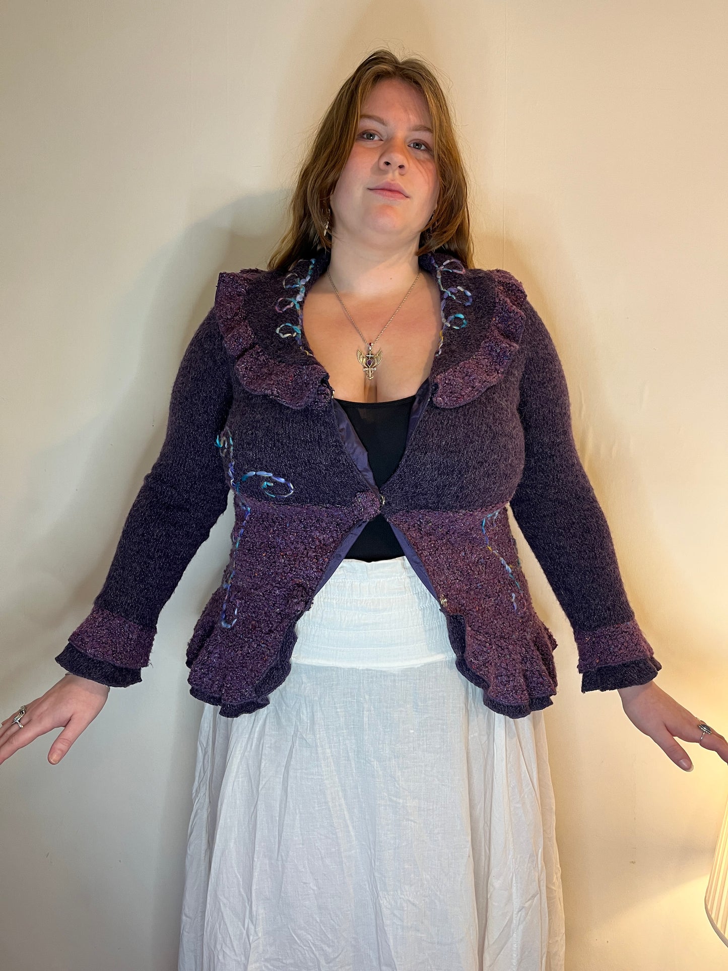 Vintage purple ruffled knit cardigan