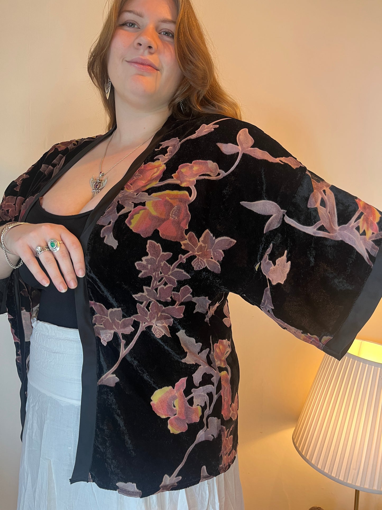 Vintage floral velvet kimono style cardigan