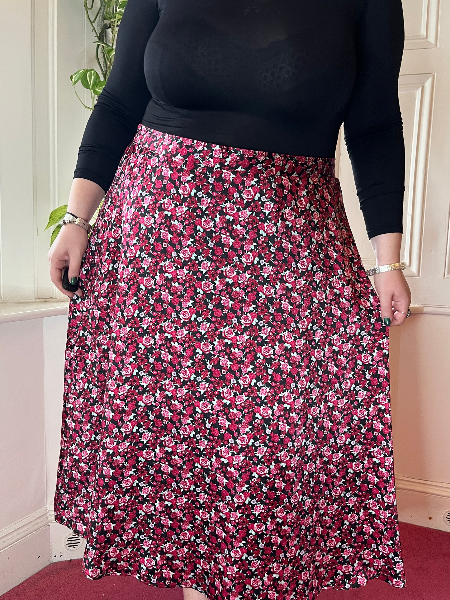 Vintage Red Floral Maxi Skirt - UK 26