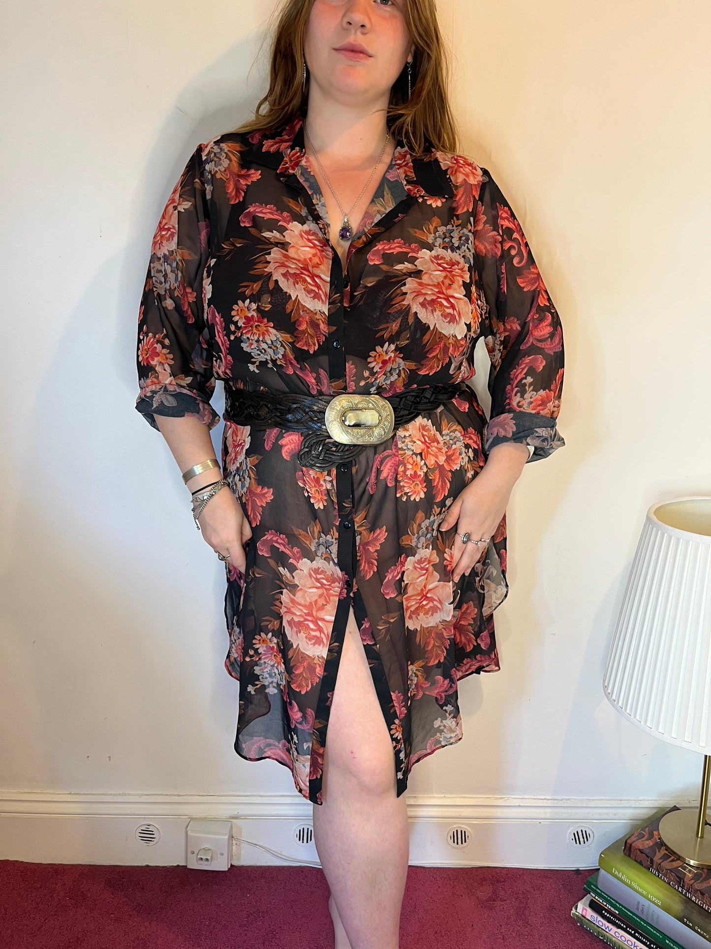 Black Sheer Floral Shirt Dress – UK 24