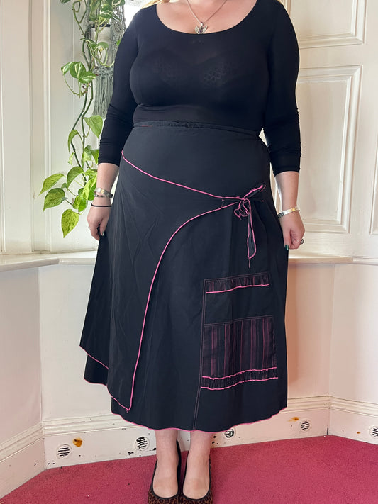 Vintage Black Wrap Skirt with Pink Stitching - UK 20