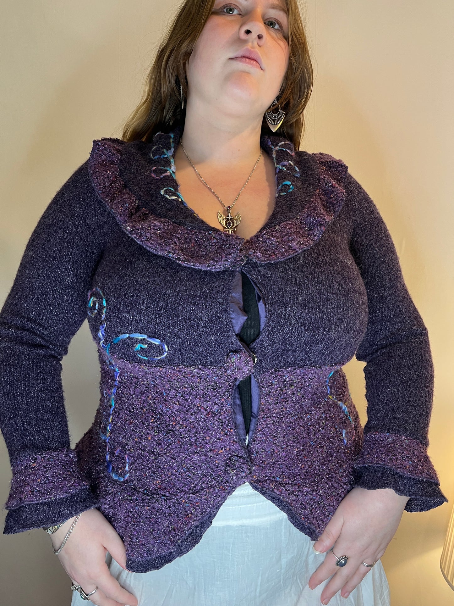 Vintage purple ruffled knit cardigan