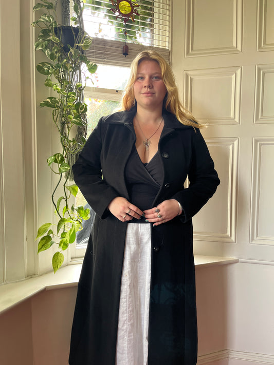 Vintage Black Wool Longline Coat - UK 14