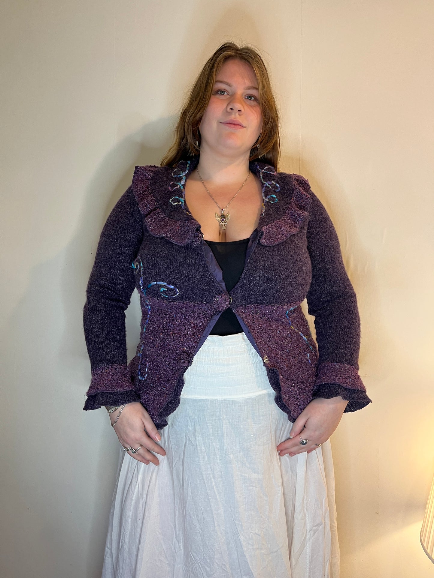 Vintage purple ruffled knit cardigan