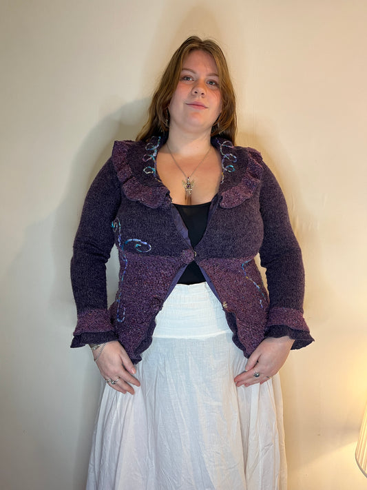 Vintage purple ruffled knit cardigan
