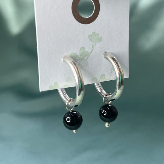 Silver Chunky Hoop Earrings With Black Stone