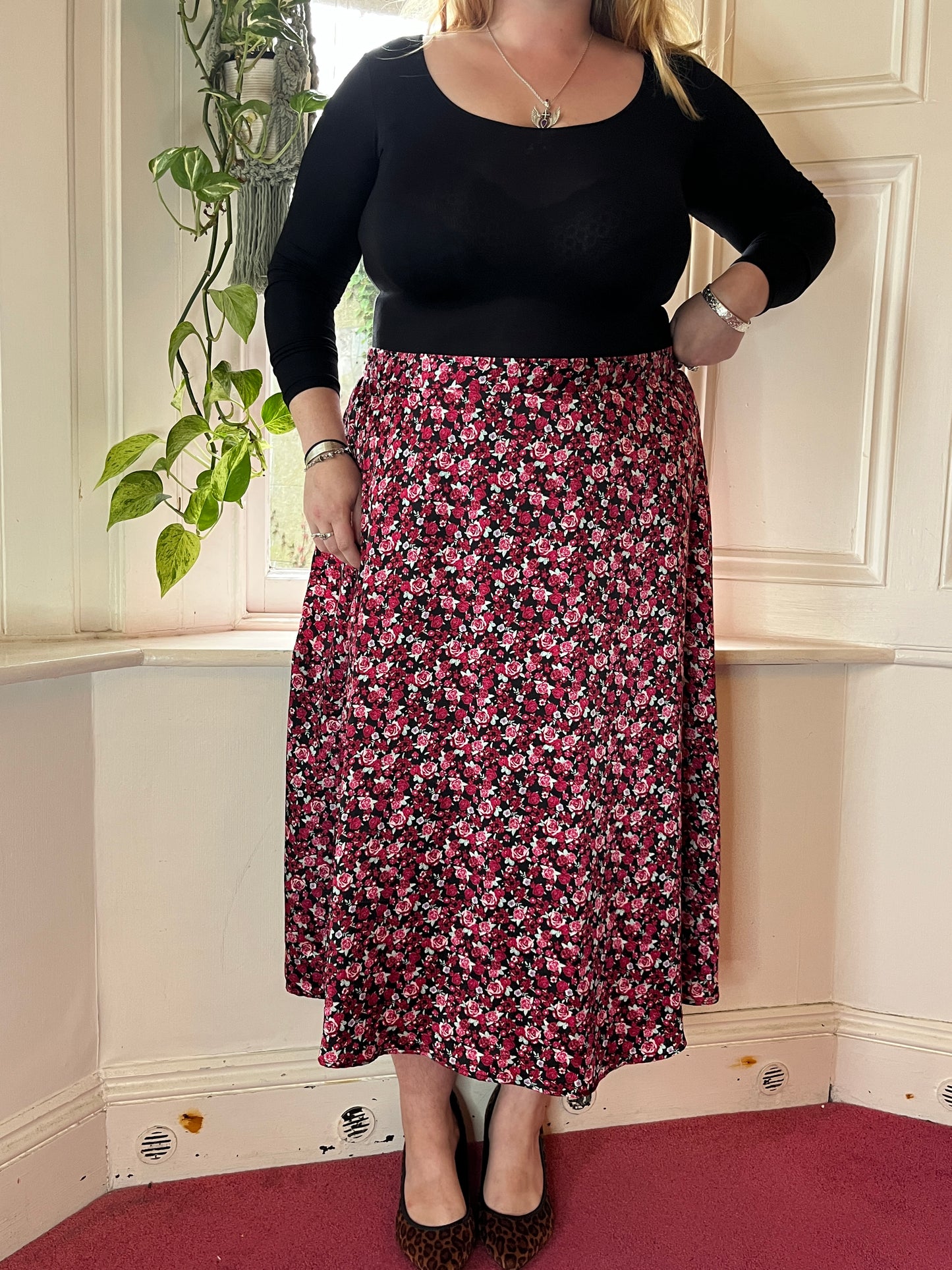 Vintage Red Floral Maxi Skirt - UK 26