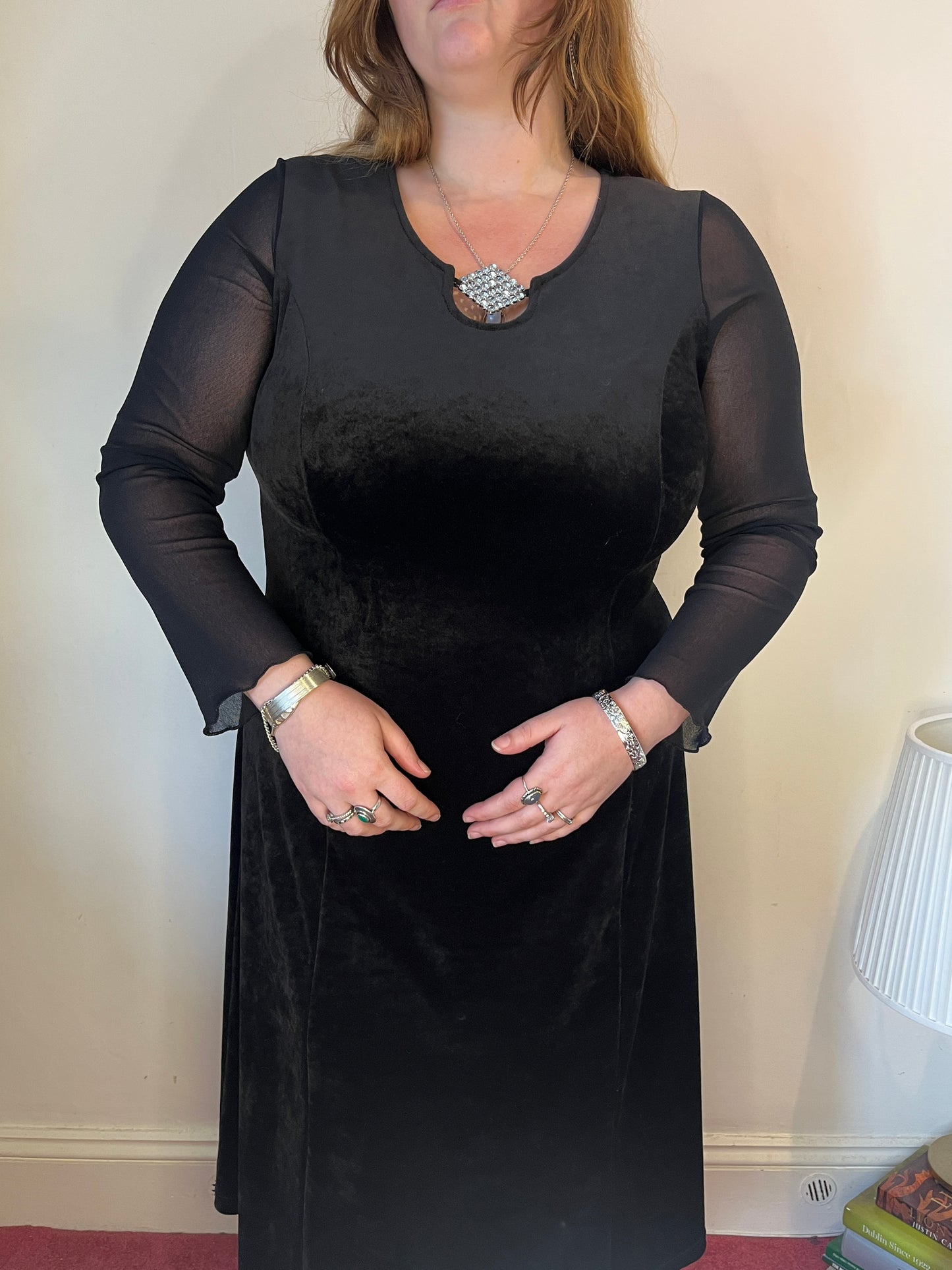 Vintage black velvet midi dress - UK 20