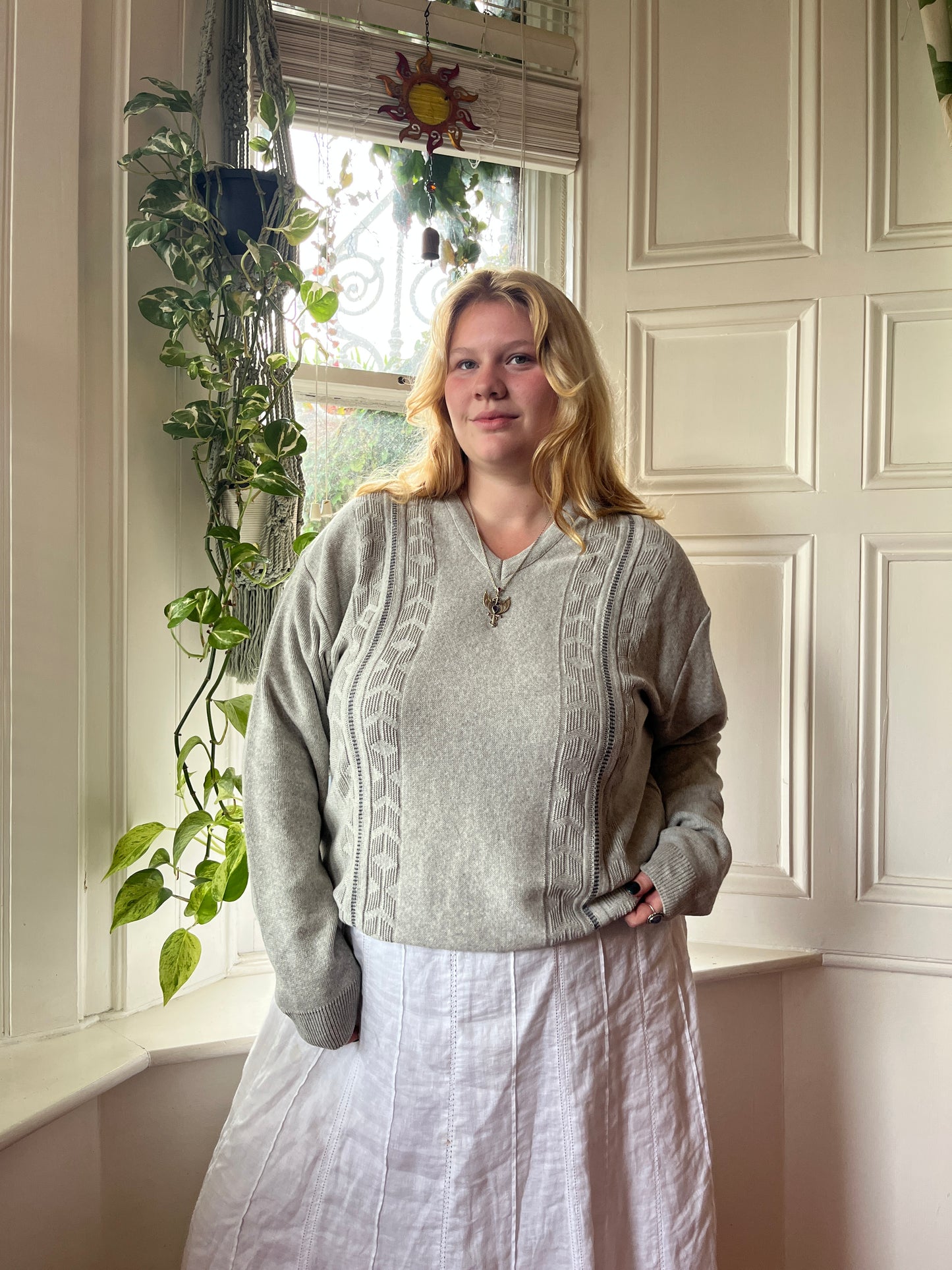 Vintage Grey Cable Knit Jumper - UK 24