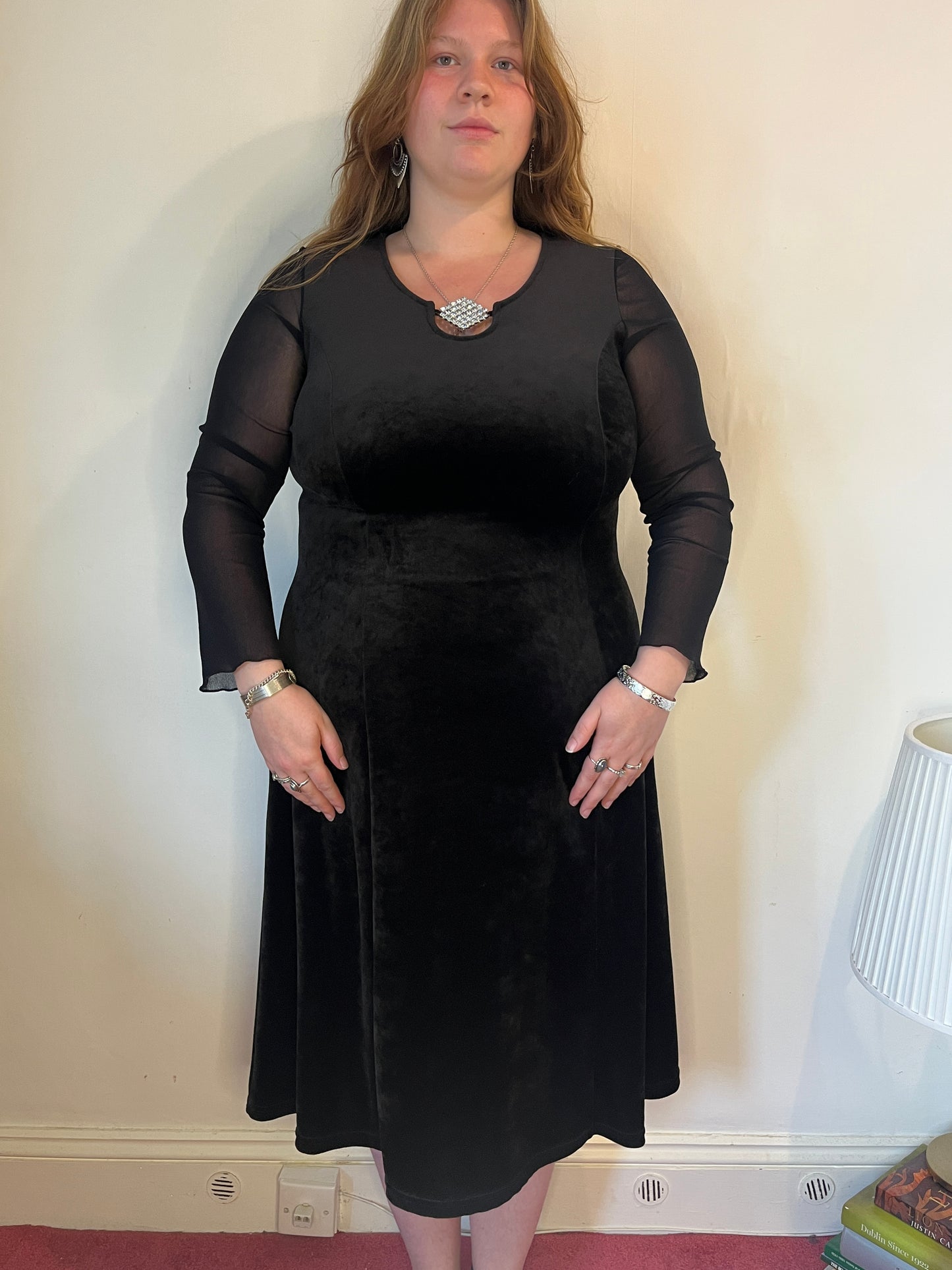 Vintage black velvet midi dress - UK 20