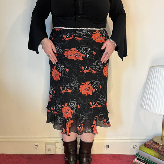 Vintage red and black floral chiffon midi skirt - UK 22