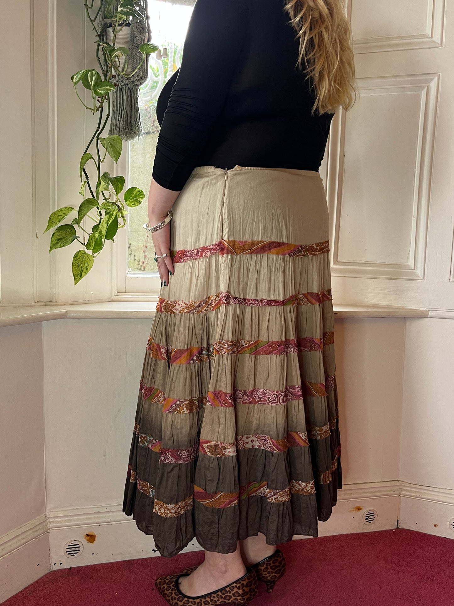 Vintage Brown Tiered Maxi Skirt - UK 24