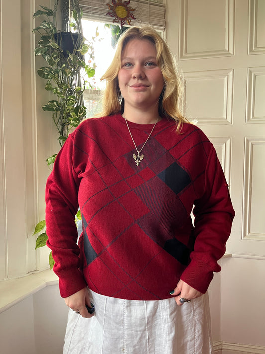 Vintage Red Argyle Jumper - UK 20