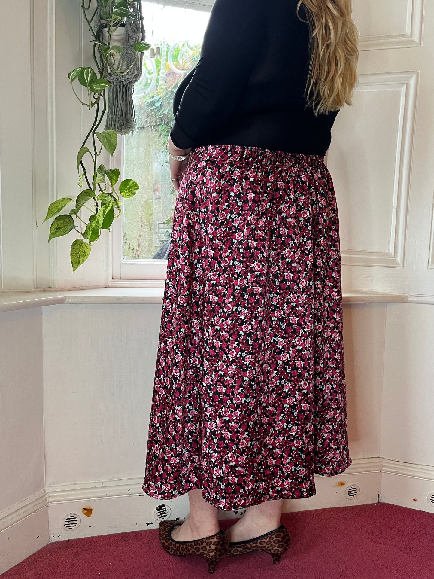 Vintage Red Floral Maxi Skirt - UK 26