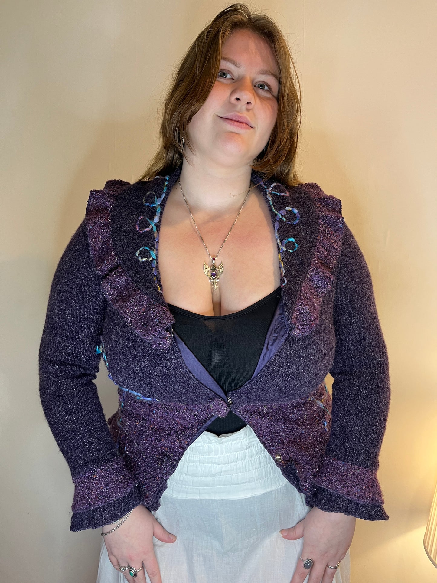 Vintage purple ruffled knit cardigan