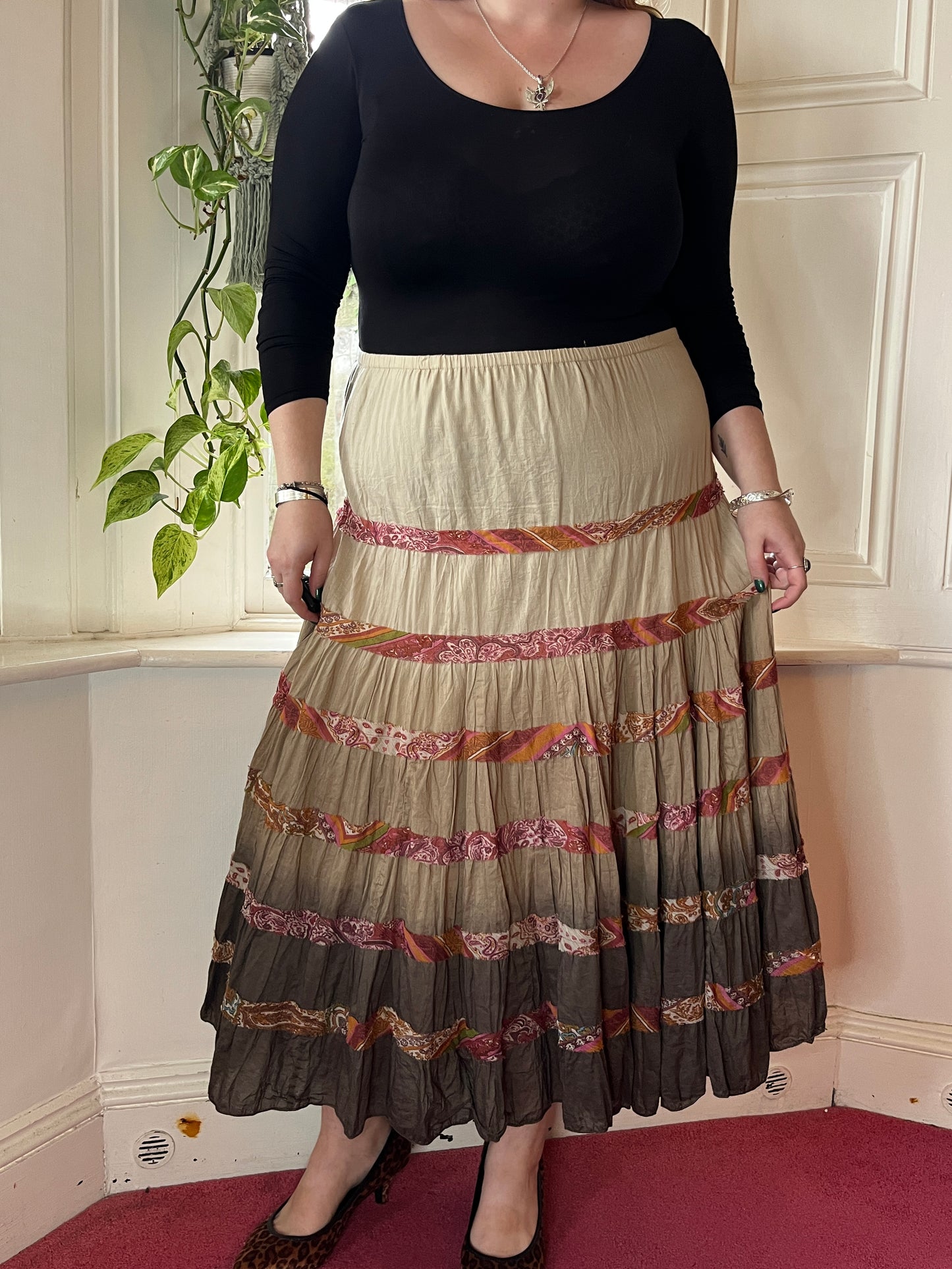 Vintage Brown Tiered Maxi Skirt - UK 24
