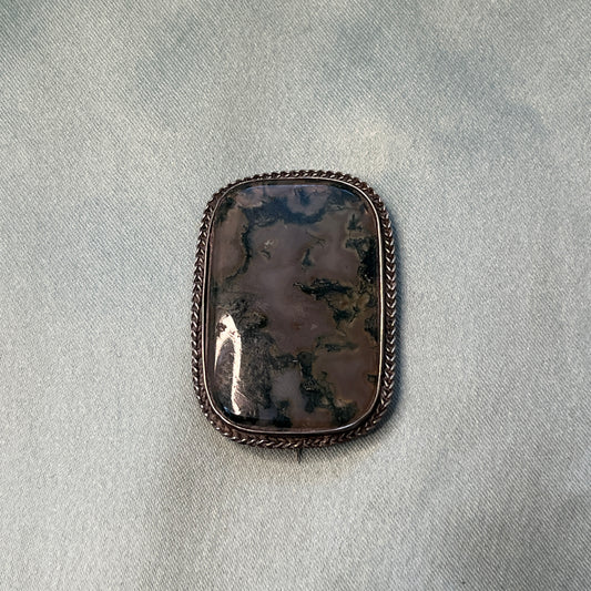 Victorian Silver Moss Agate Rectangle Brooch