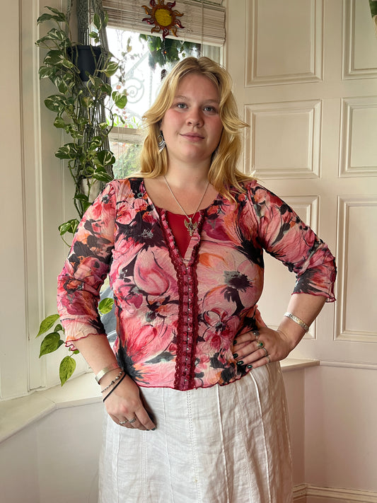 Vintage Pink Floral Mesh Top - UK 16